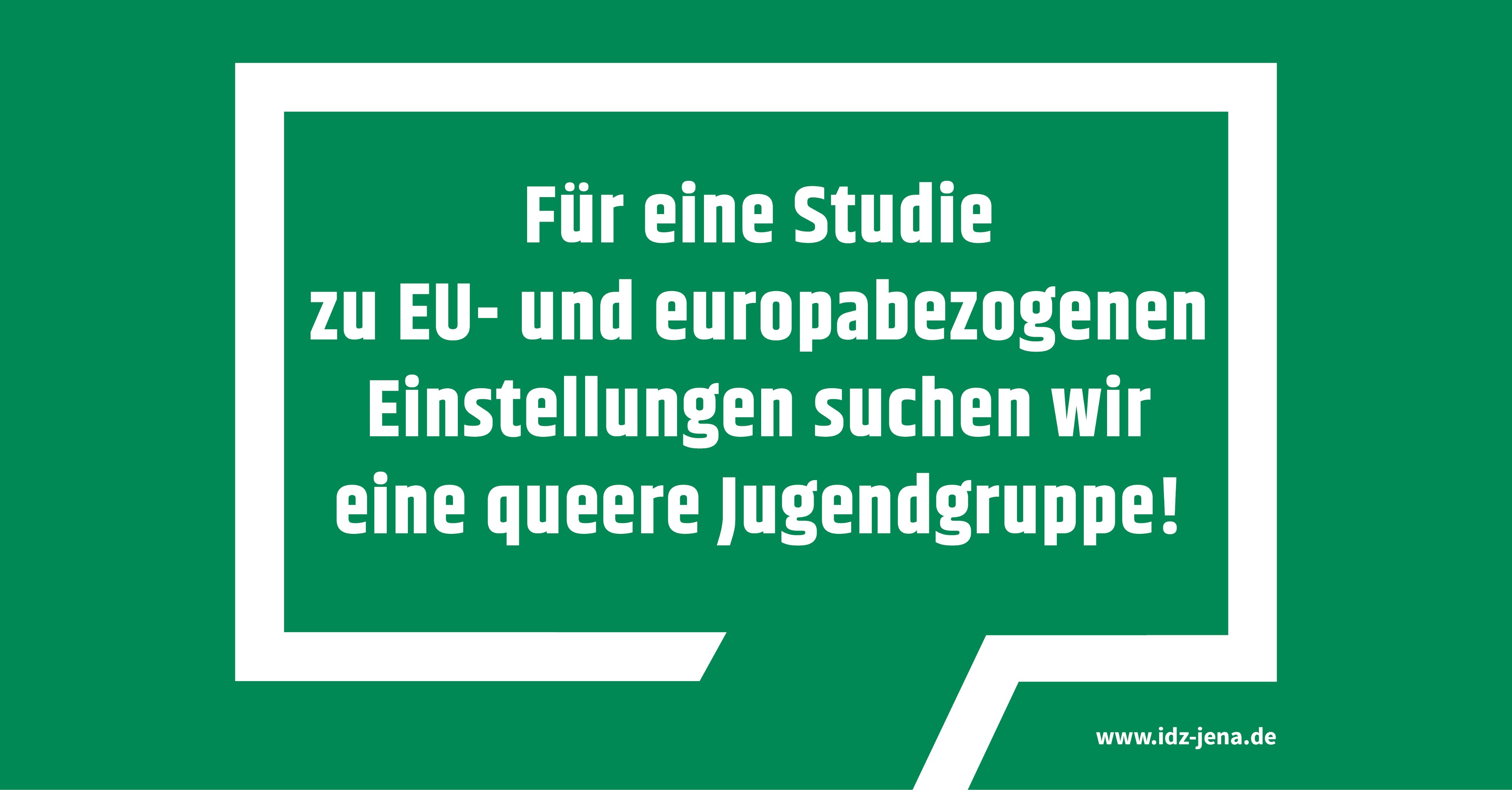 Weißer Text auf grünem Hintergrund: "Für eine Studie zu EU- und europabezogenen Einstellungen suchen wir eine queere Jugendgruppe!"