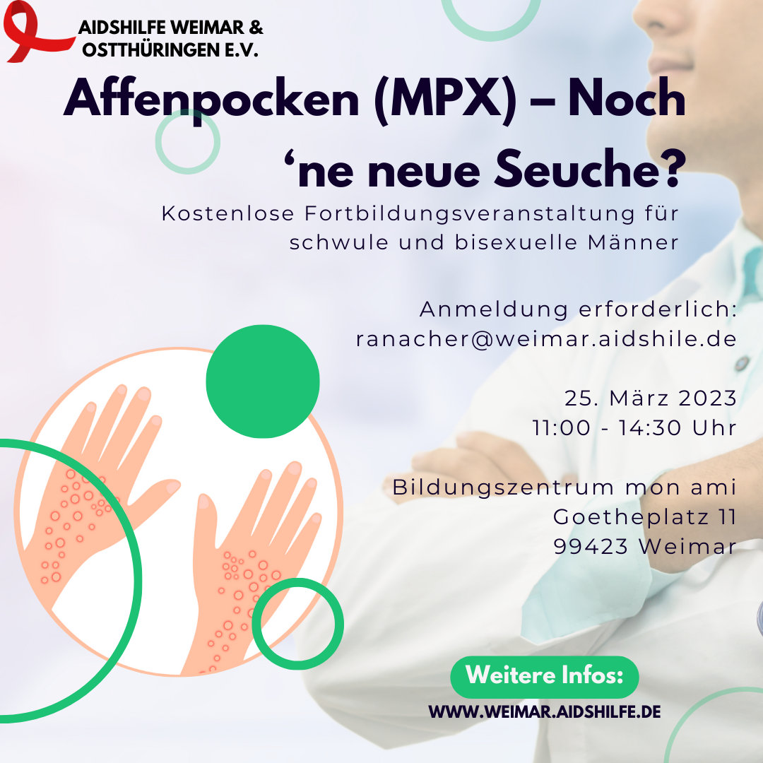 Affenpocken (MPX) - Noch 'ne neue Seuche - kostenlise Fortbildung für schule und bisexuelle Männer (25.03., 11:00-14:30 Uhr, Weimar)